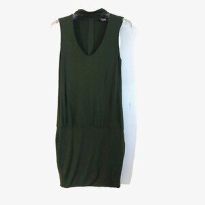 Venus Choker Neck Deep V-Neck Army Green Sheath Jersey knit Dress Small